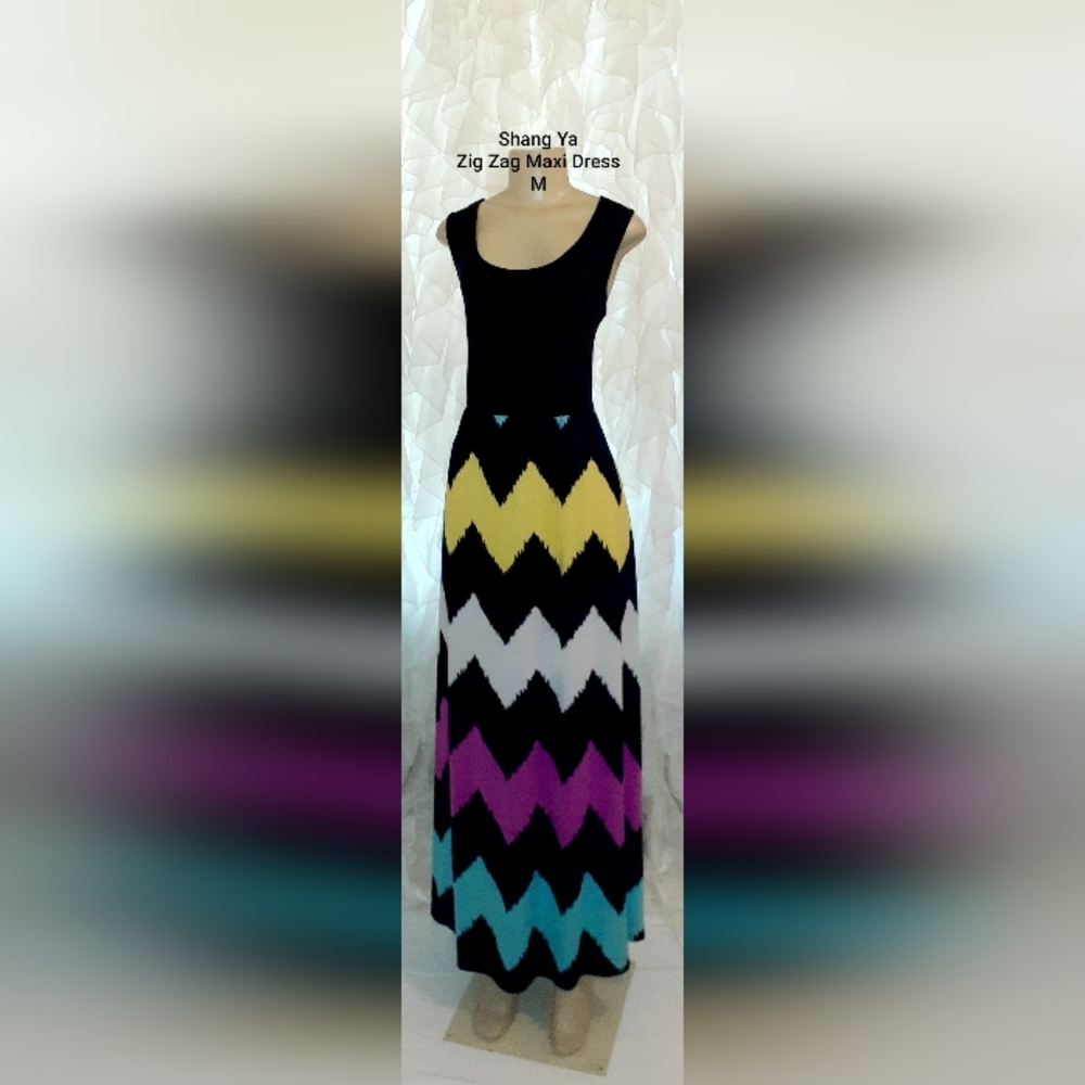 Shang Ya Colorful Zig Zag Maxi Dress M